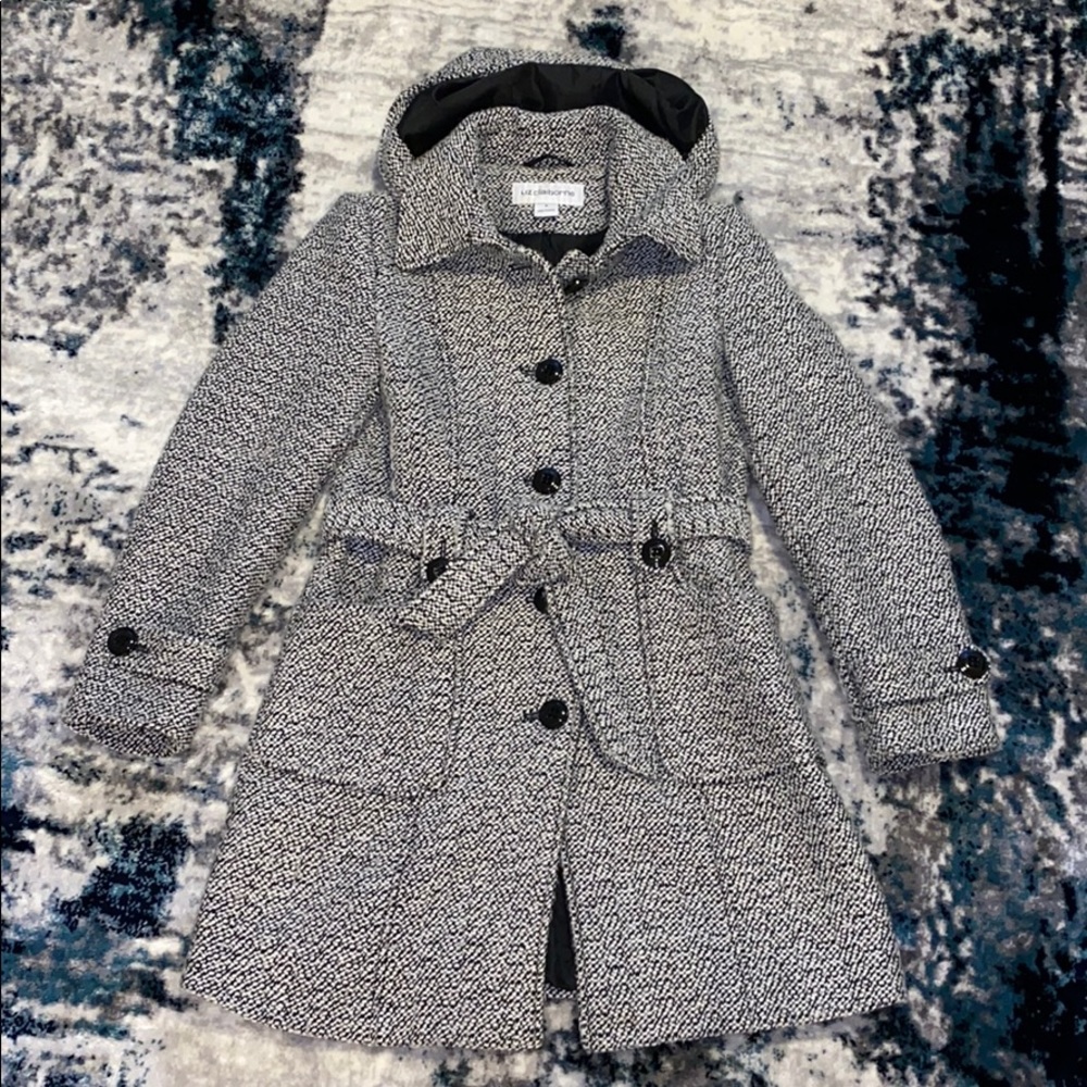 Women’s black and white belted pea coat.